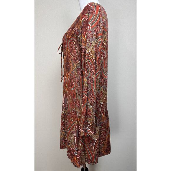 Love 21 Paisley Dress Women’s Size S Orange Brown Red Long Sleeve Boho Chic Fall - Picture 10 of 16